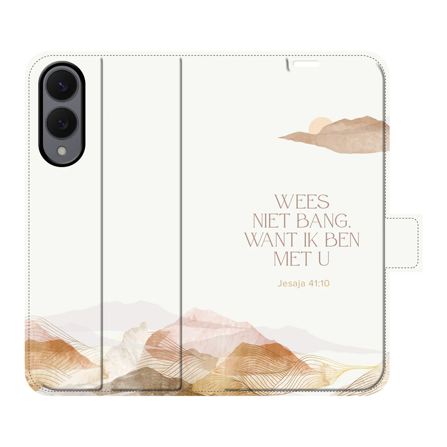 Portemonnee hoesje met aquarel design en bijbeltekst “Wees niet bang” – Jesaja 41:10 – praktisch en inspirerend christelijk accessoire.