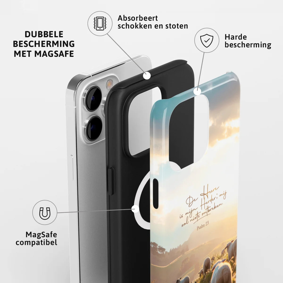 Christelijk toughcase met MagSafe telefoonhoesje Psalm 23 ‘De Heer is mijn Herder’ met dubbele laag bescherming en schokabsorberende werking
