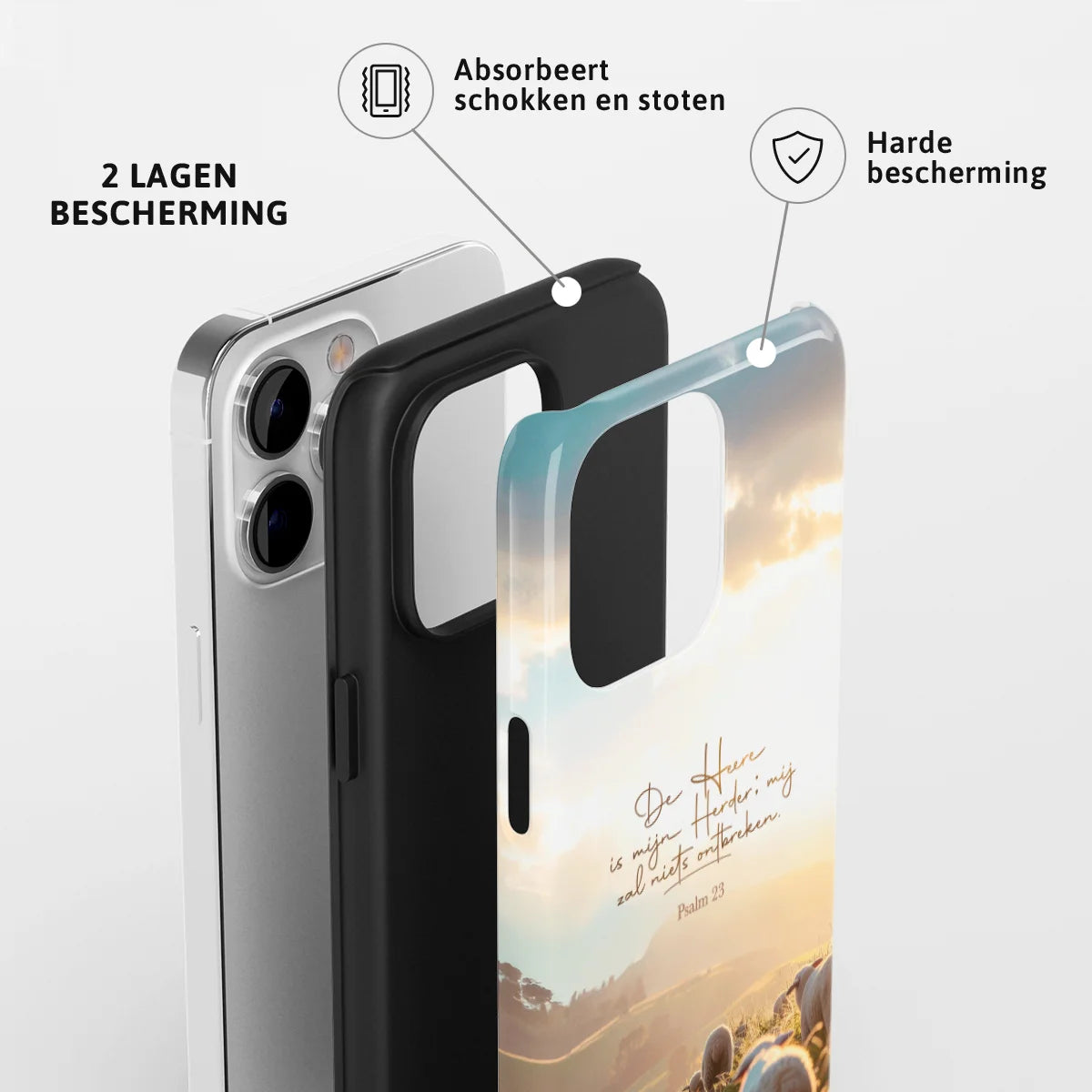 Christelijk toughcase telefoonhoesje Psalm 23 ‘De Heer is mijn Herder’ met 2 lagen bescherming en schokabsorberende harde bescherming