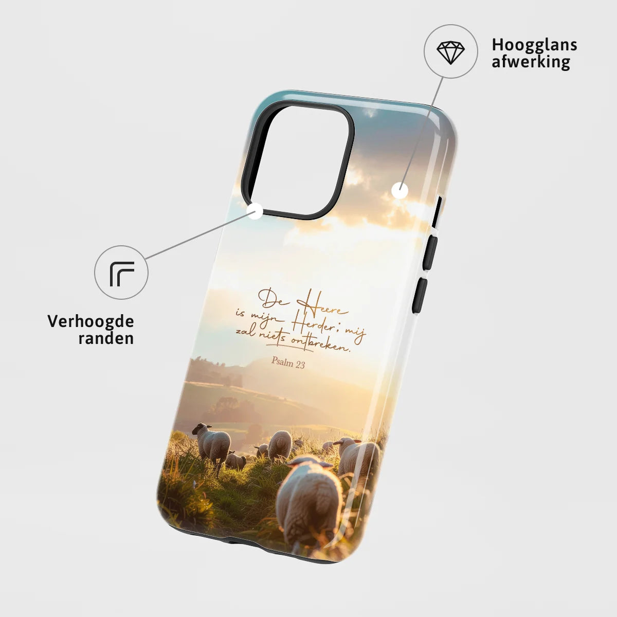 Christelijk toughcase telefoonhoesje Psalm 23 ‘De Heer is mijn Herder’ met hoogglans afwerking en opstaande randen