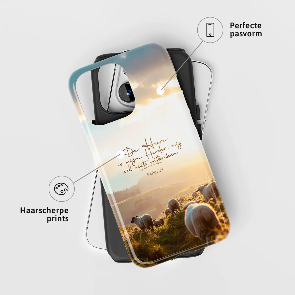 Christelijk toughcase telefoonhoesje Psalm 23 ‘De Heer is mijn Herder’ met perfecte pasvorm en haarscherpe print