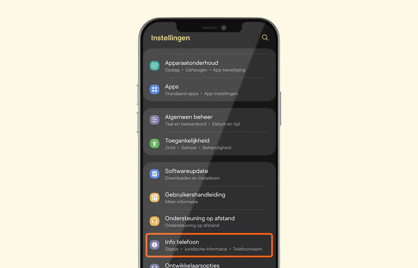 Samsung modelnummer vinden via Over de telefoon of Info over toestel