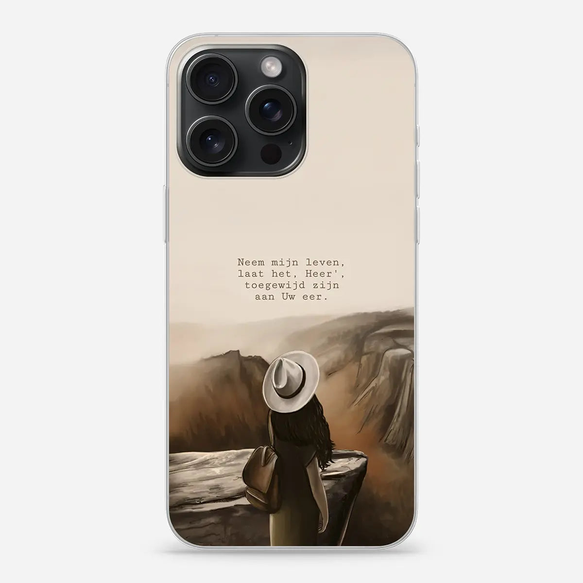 Christelijk softcase telefoonhoesje van Art by Claudia met artwork “Neem mijn leven – toegewijd aan Uw eer”, vrouw uitkijkend over bergen, symbool van overgave en vertrouwen.