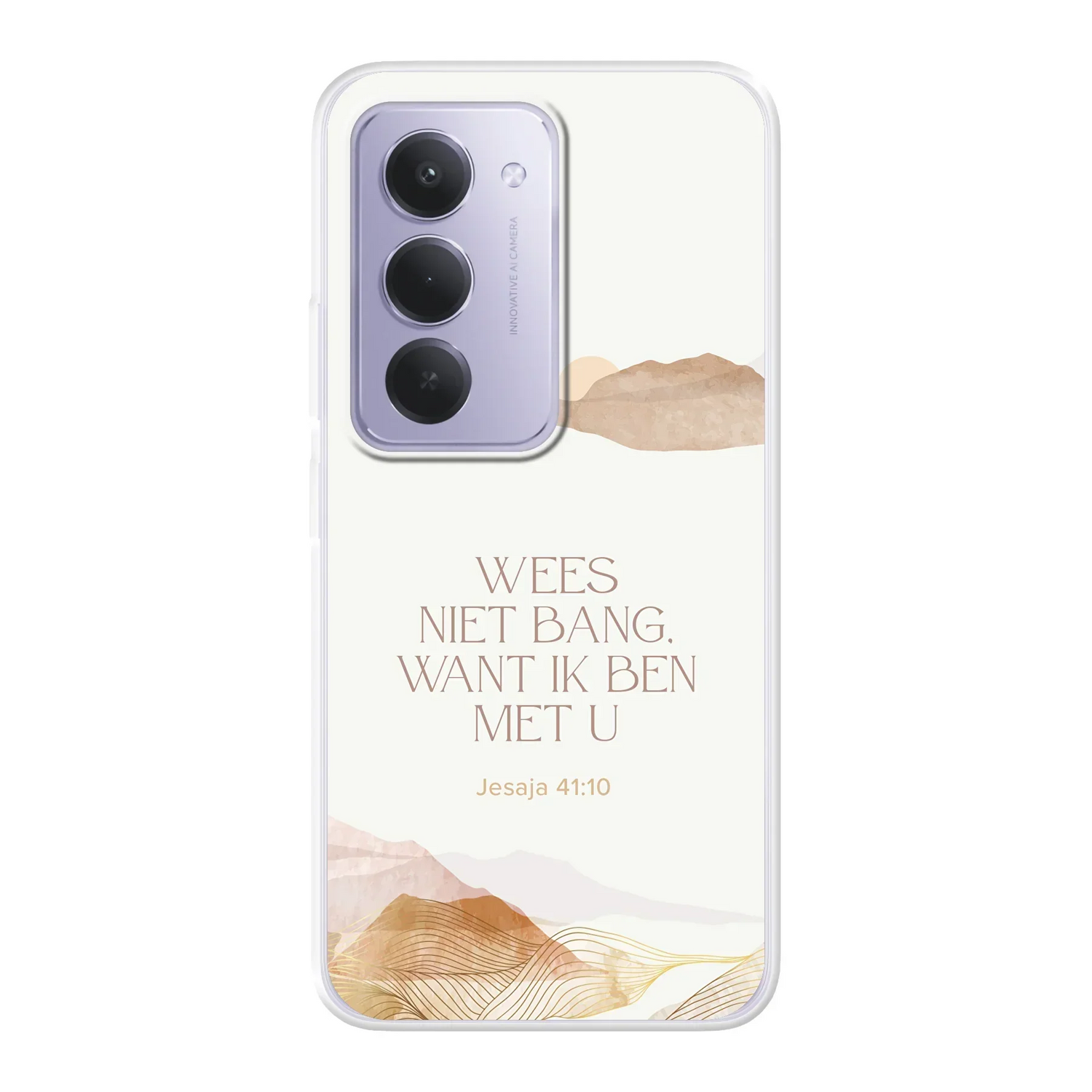 Softcase telefoonhoesje met de tekst “Wees niet bang” uit Jesaja 41:10, aquarel ontwerp van bergen en zon – bemoedigend christelijk design.
