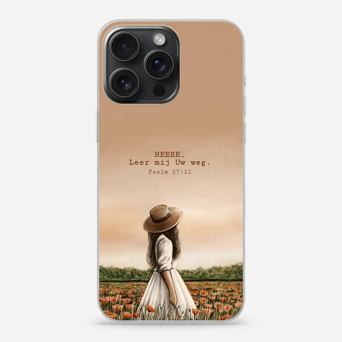 Christelijk softcase telefoonhoesje Heere, leer mij Uw weg van Art by Claudia, met een vrouw met strohoed in een veld met rode klaprozen