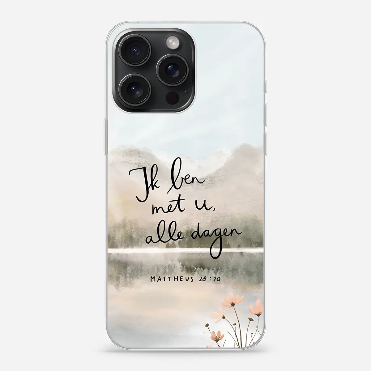 Christelijk softcase telefoonhoesje Ik ben met u, alle dagen met bergen en meer in waterverf