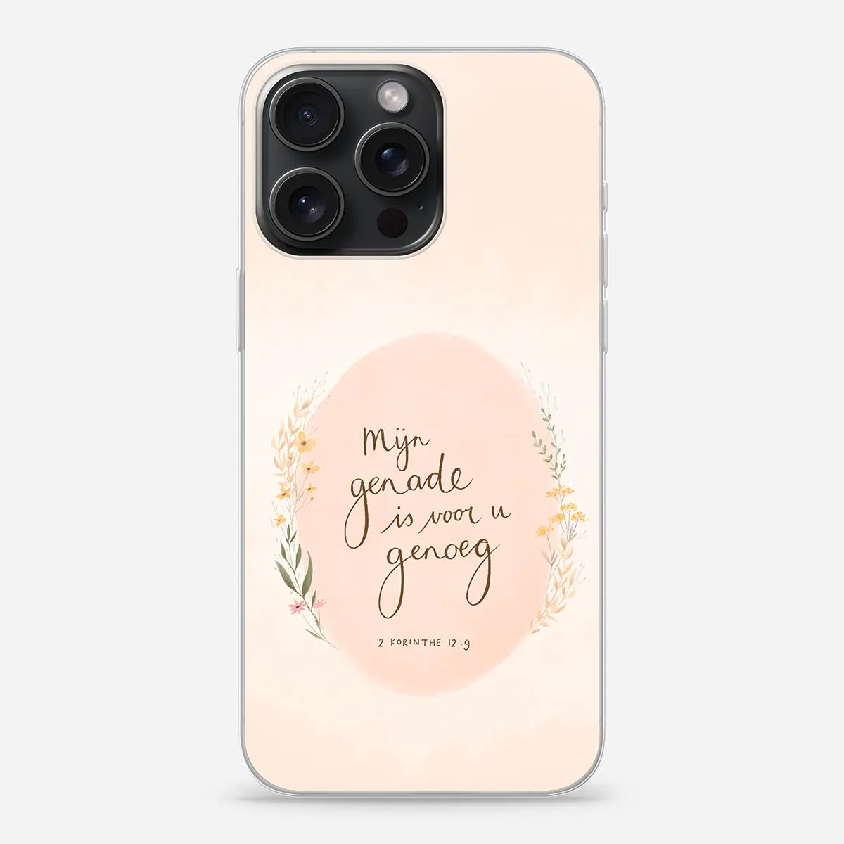 Christelijk softcase telefoonhoesje Mijn genade is voor u genoeg met bloemenkrans op perzikkleurige achtergrond
