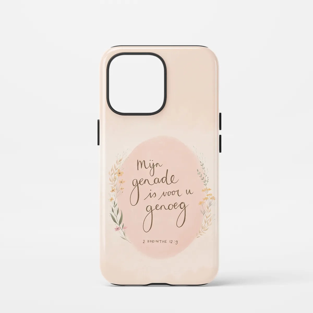 Christelijk toughcase telefoonhoesje Mijn genade is voor u genoeg met bloemenkrans op perzikkleurige achtergrond