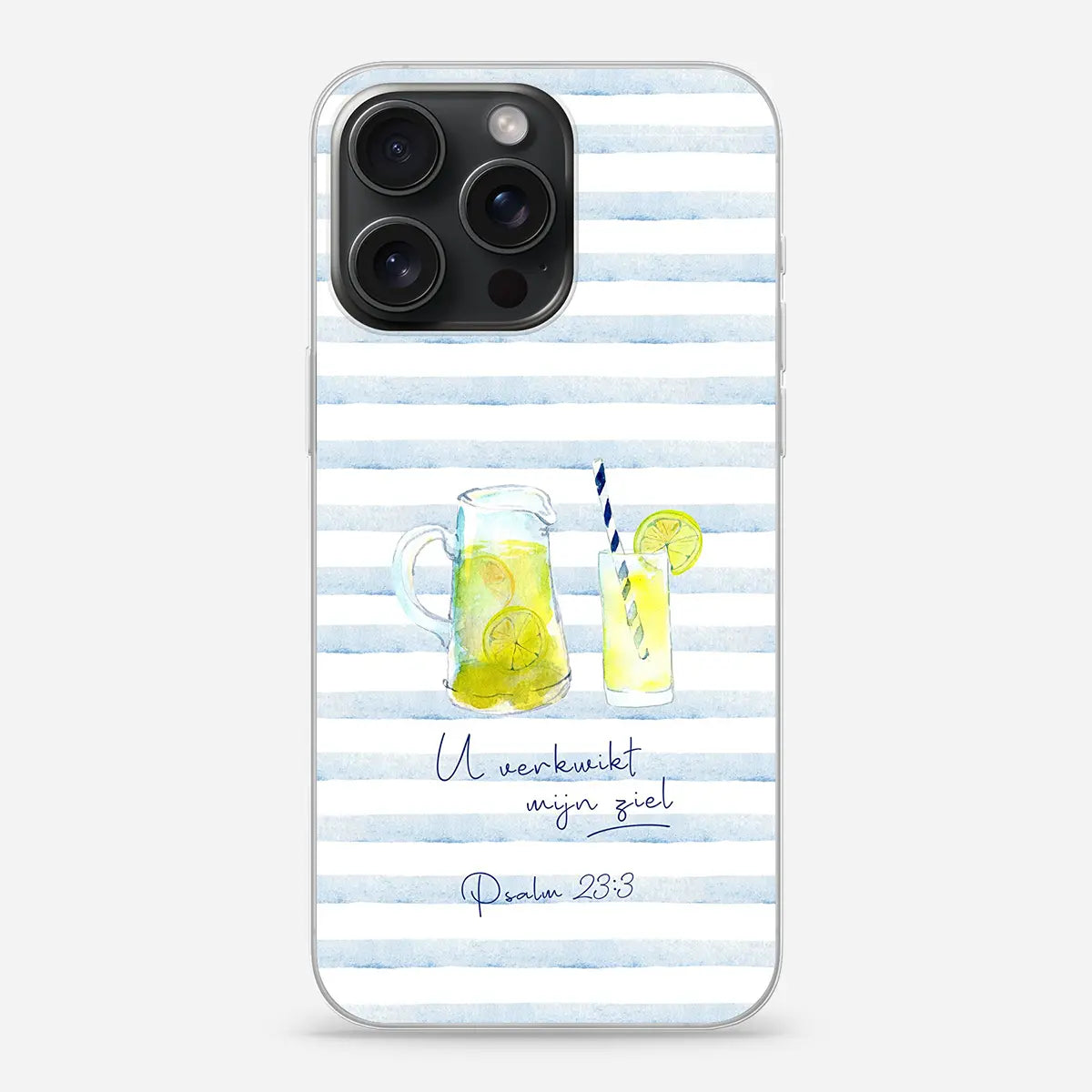 Christelijk softcase hoesje U verkwikt mijn ziel Psalm 23:3 – waterverf limonade design op blauwe strepen