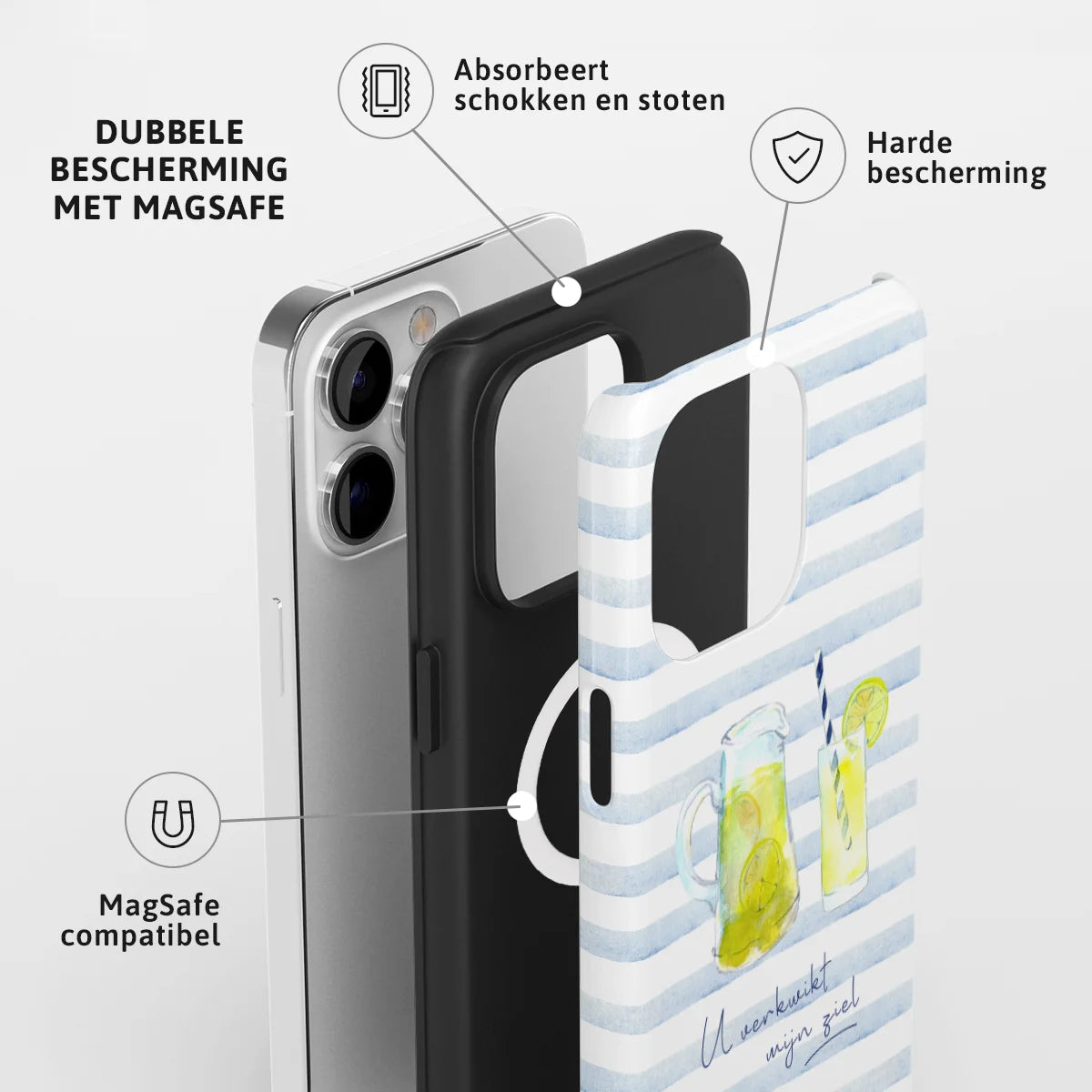 Christelijk toughcase MagSafe hoesje U verkwikt mijn ziel Psalm 23:3 – waterverf limonade design op blauwe strepen