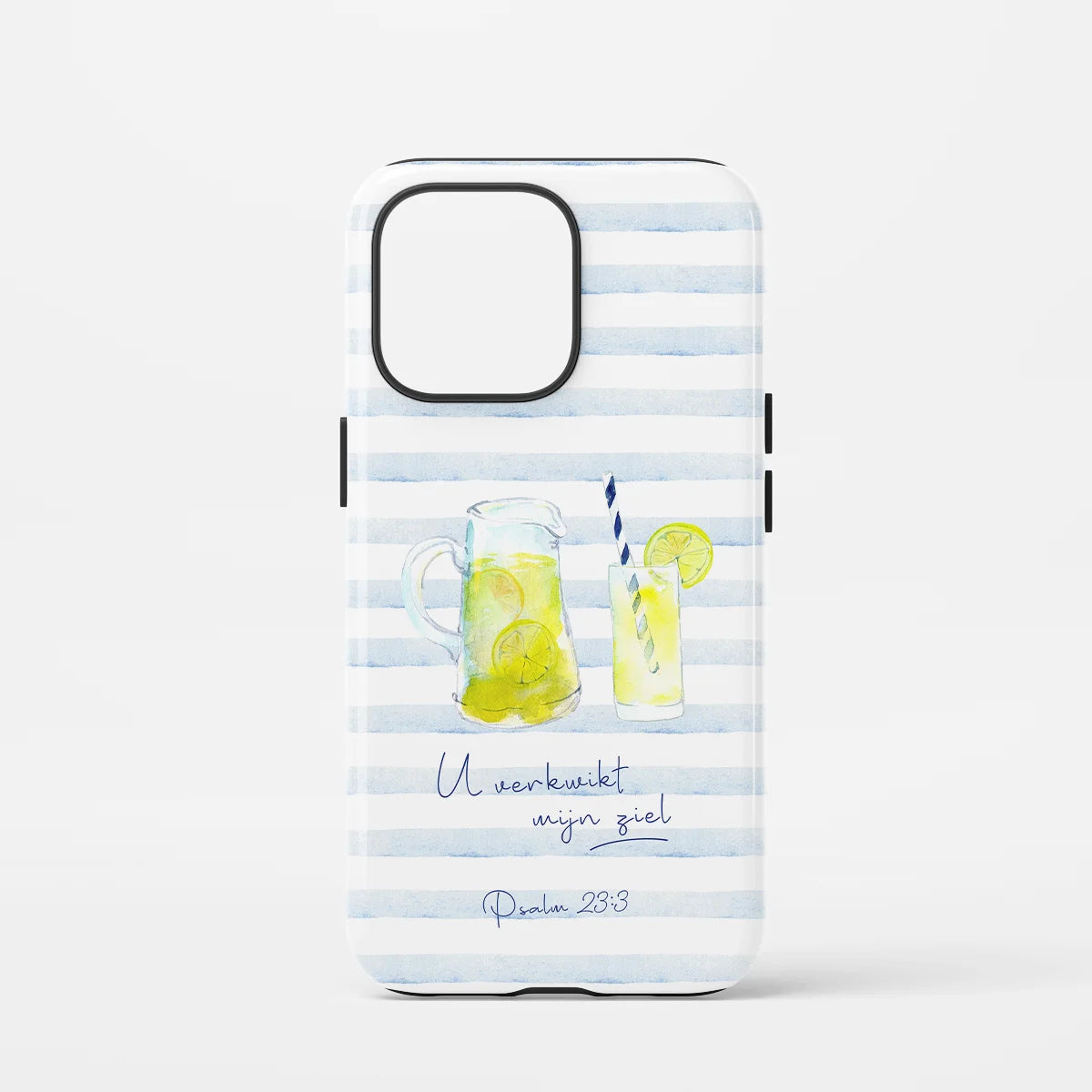 Christelijk toughcase hoesje U verkwikt mijn ziel Psalm 23:3 – waterverf limonade design op blauwe strepen