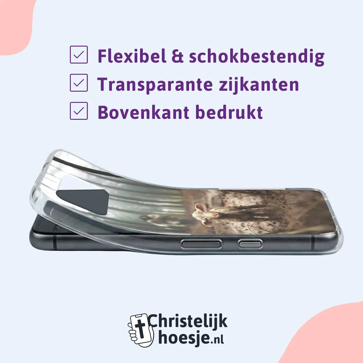 Christelijk telefoonhoesje softcase met “Verloren Schaap” design, transparante zijkanten en schokbestendige bescherming