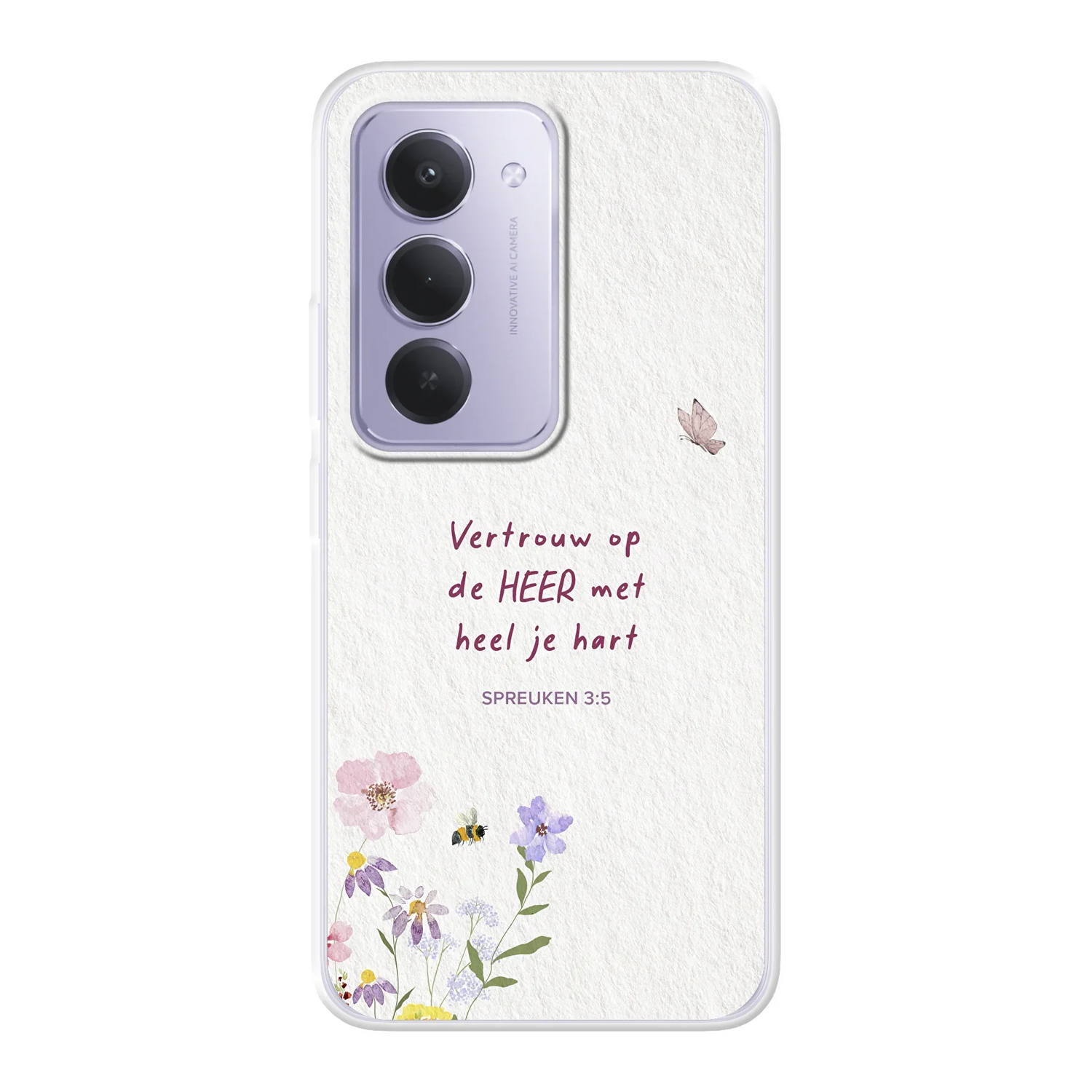 Softcase telefoonhoesje met aquarel bloemen, bijtjes en vlinder – Spreuken 3:5 “Vertrouw op de HEER met heel je hart” – licht en beschermend