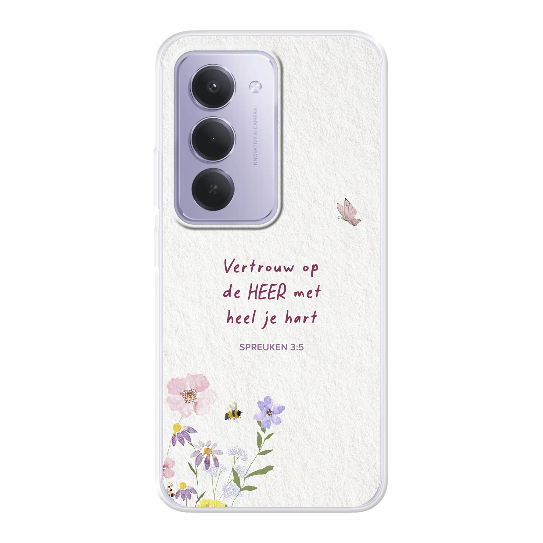 Softcase telefoonhoesje met aquarel bloemen, bijtjes en vlinder – Spreuken 3:5 “Vertrouw op de HEER met heel je hart” – licht en beschermend