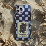 Bruin christelijk softcase hoesje met blauwe blokjes, cowboylaarzen en tekst Walk by faith not by sight