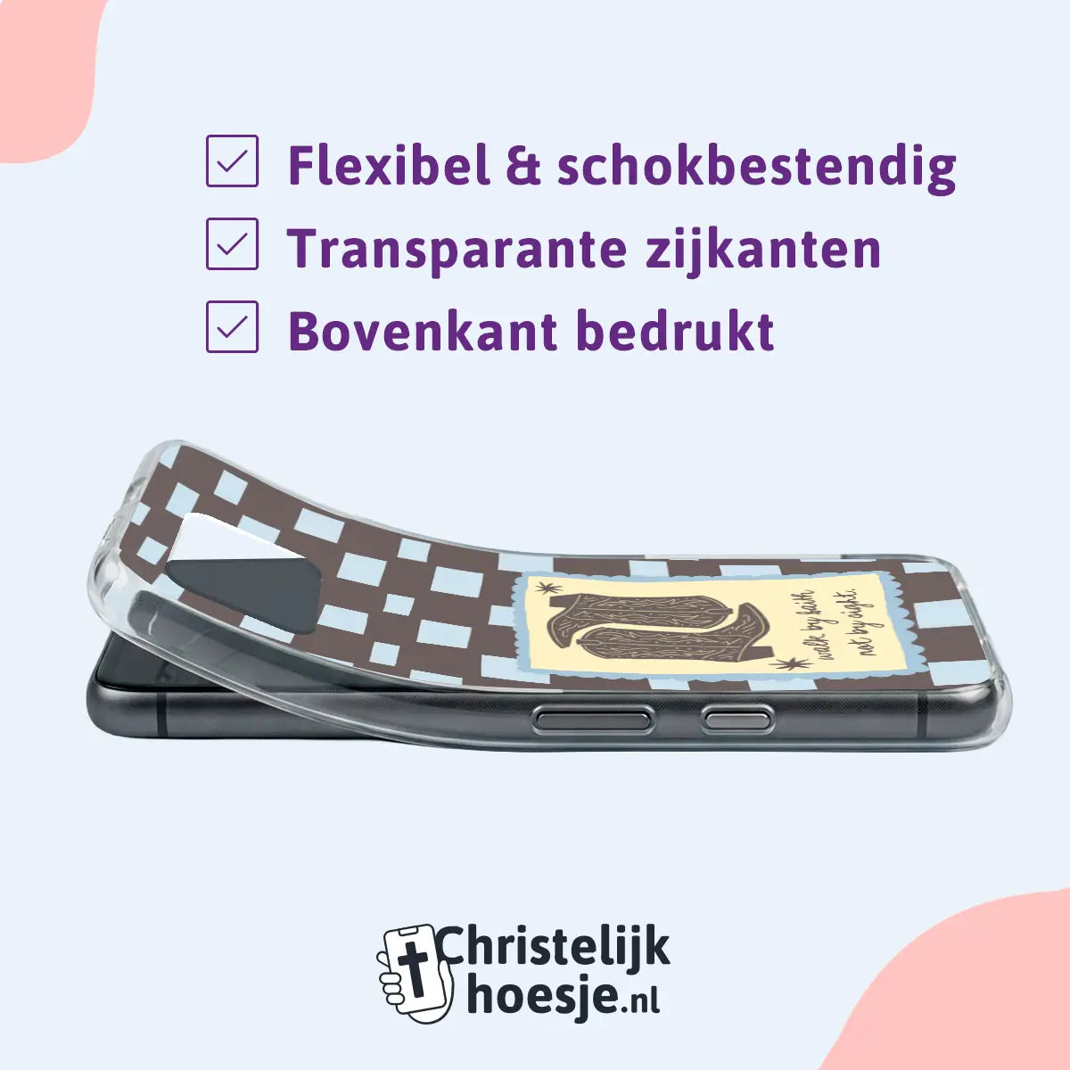 Christelijk telefoonhoesje softcase met tekst “Walk by faith, not by sight”, transparante zijkanten en schokbestendige bescherming
