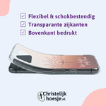 Christelijk telefoonhoesje softcase met tekst “Zijn liefde geeft vrede”, transparante zijkanten en schokbestendige bescherming